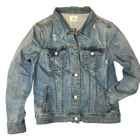 MNG Mango Denim Trucker Jacket Womens Large Blue Distressed Baddie Streetwear - Picture 1 of 10